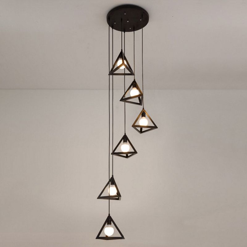 6-Bulb Cluster Pendant Light Vintage Triangle Metal Hanging Ceiling Light in Black