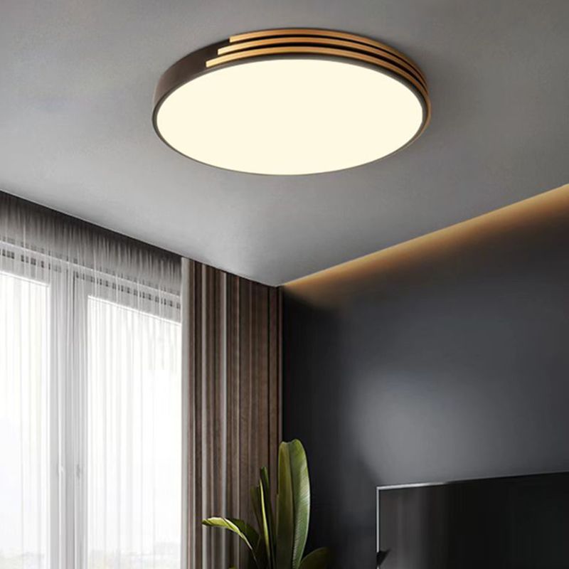 1-Light Round Flush Mount Modern Wood Flush Light in Brown for Bedroom