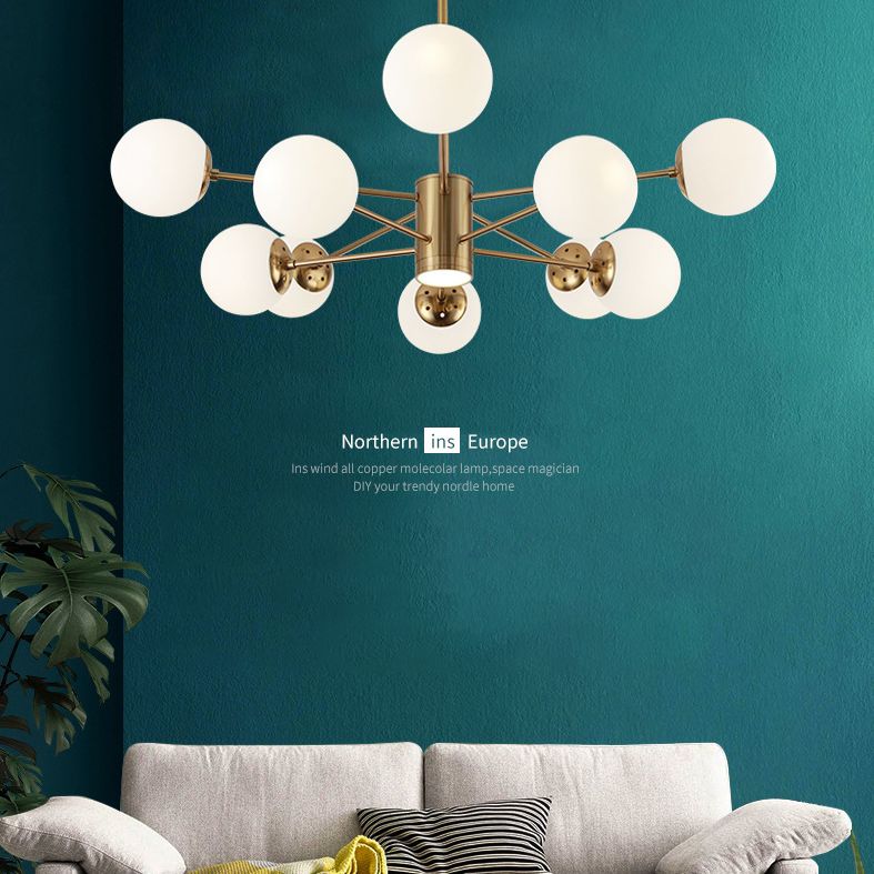 Milk White Glass Globe Shade Lighting 10 Light Chandelier with Spotlight Nordic Style Simplicity Lighting Pendant in Gold