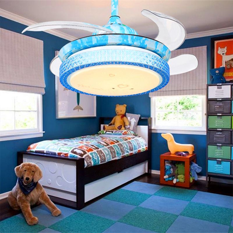 36" Width Blue Circular Fan Lighting Kids LED Acrylic Semi Flush Light Fixture for Children Bedroom, 4 Blades