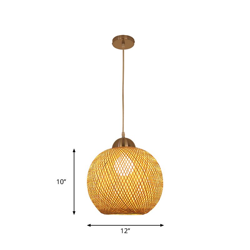 Globe Suspension Pendant Contemporary Bamboo 1 Bulb Wood Hanging Light Kit, 12"/14" Wide