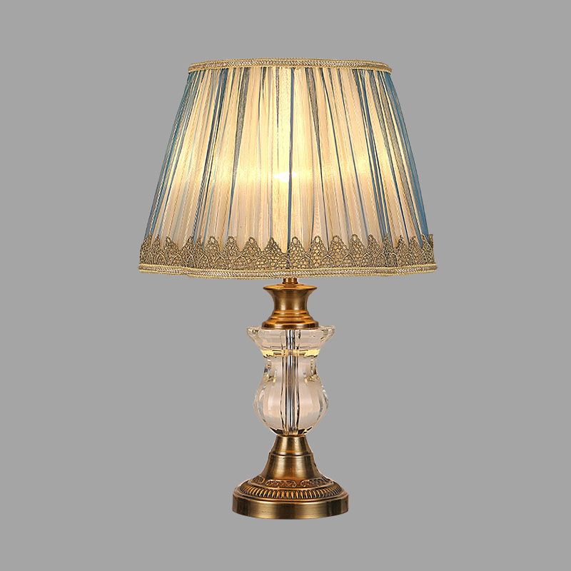 1 Light Empire Shade Night Lamp Rural Blue Fabric Nightstand Light for Bedroom with Crystal Accent