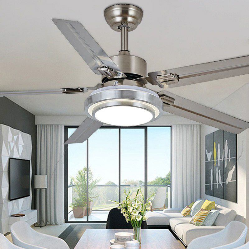 5-Blade Nickel Round Semi Mount Lighting Classic Metal LED Bedroom Hanging Fan Lamp Fixture, 42" Wide