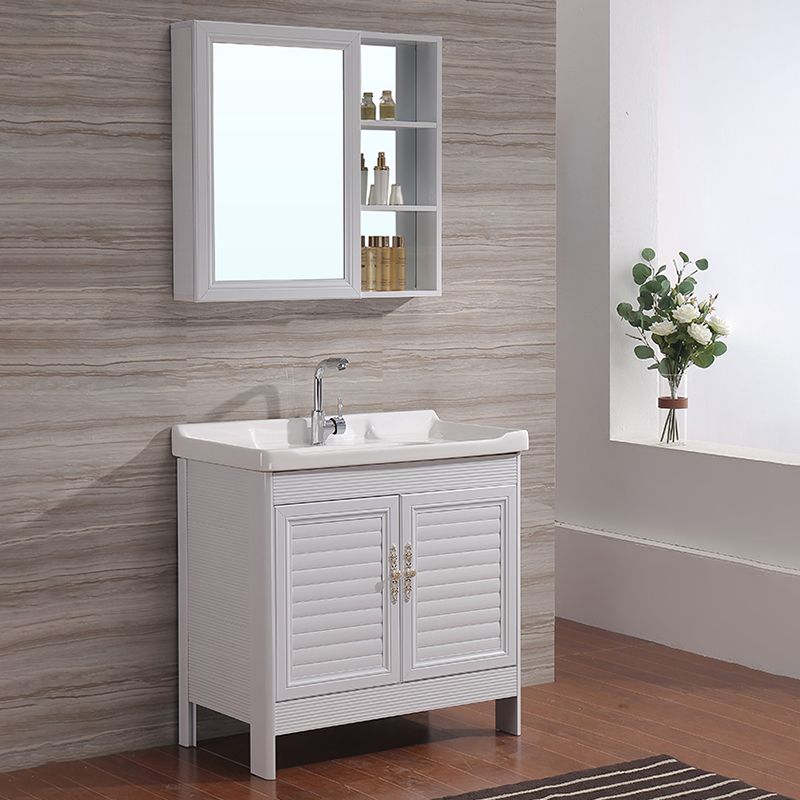 White Freestanding Vanity Rectangular 2 Doors Metal Frame Mirror Single Sink Vanity