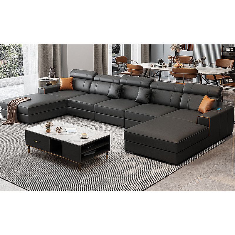 Square Arm Sectional Dark Gray Cushion Back Storage Faux Leather Living Room Sofa