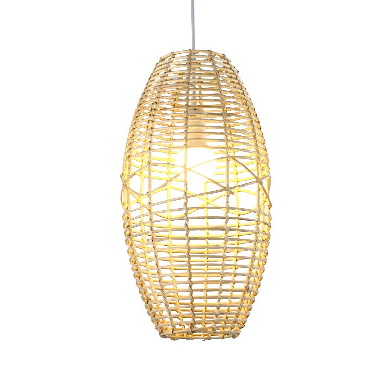 Beige/Brown Ellipse Hanging Pendant Rustic Woven Rattan 1-Light Suspended Lamp for Restaurant Cafe