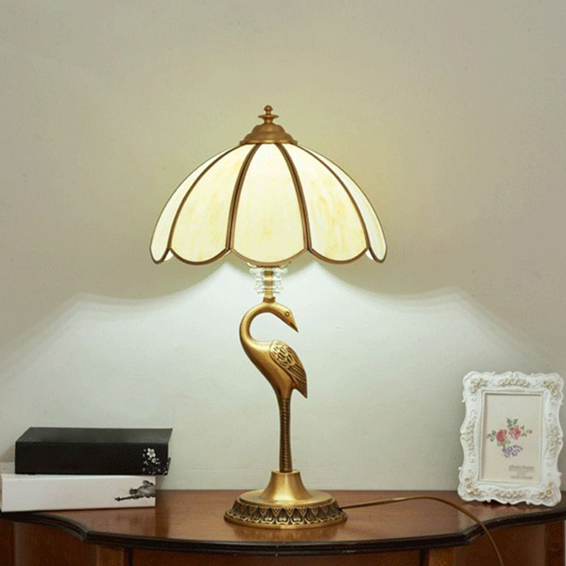 Brass 1-Head Table Light Retro Opal Glass Umbrella Shaped Nightstand Lamp with Halcyon Deco