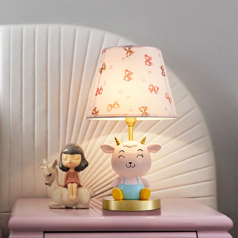 Cheerful Sheep Table Lighting Cartoon Resin 1-Head Kid Bedside Night Lamp with Print Shade in Pink and Blue