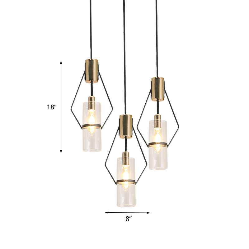 Gold 3-Light Multi Hanging Light Vintage Metal Diamond Frame Pendant Lamp with Tube Glass Shade and Round/Linear Canopy