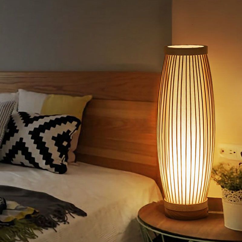 Bamboo Elongated Oval Nightstand Lamp Asian Style 1 Bulb Table Lighting in Wood for Tea Room