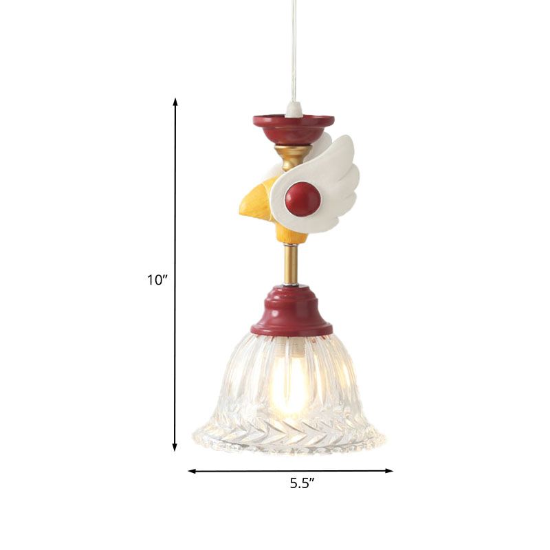 Bell Clear Glass Drop Lamp Cartoon 1-Head Red Down Lighting Pendant with Globe/Bird Design for Bedroom