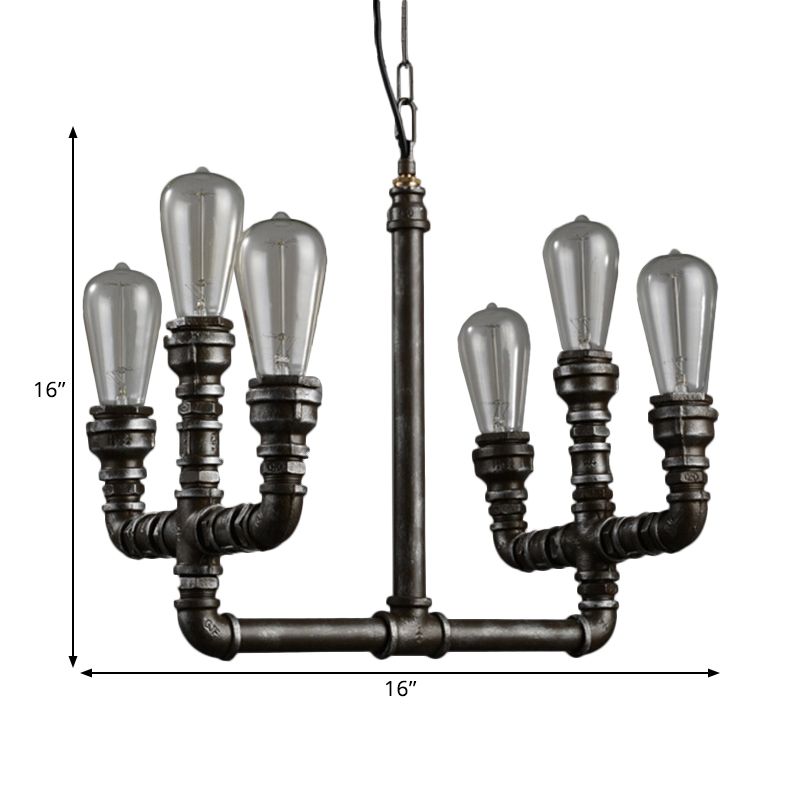 Metal Rust Chandelier Pendant Light Open Bulb 6 Heads Vintage Industrial Hanging Lamp with Pipe