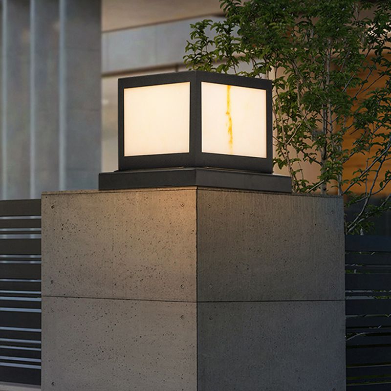 Black Solar Energy Pillar Lamp Modern Square Outdoor Light with Metal for Garden