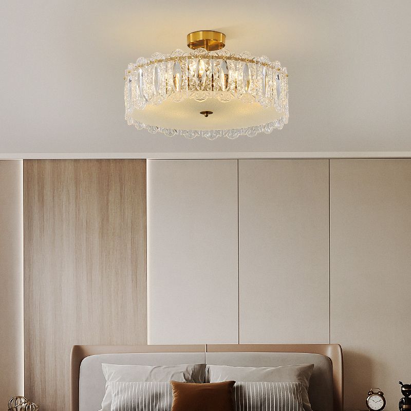 Gold Ceiling Lamp Glass Semi Flush Mount Light Fixture for Bedroom