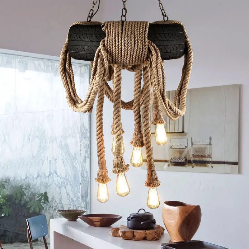 Modelado de neumáticos de estilo vintage Cáñamo Luz colgante de 6 luces Accesorios de iluminación de suspensión de bombilla abierta para cafetería