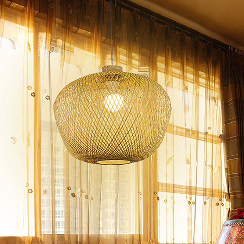 Asia Crock Bamboo Weaving Lampada del soffitto 1 ciondolo appeso alla luce in beige per soggiorno