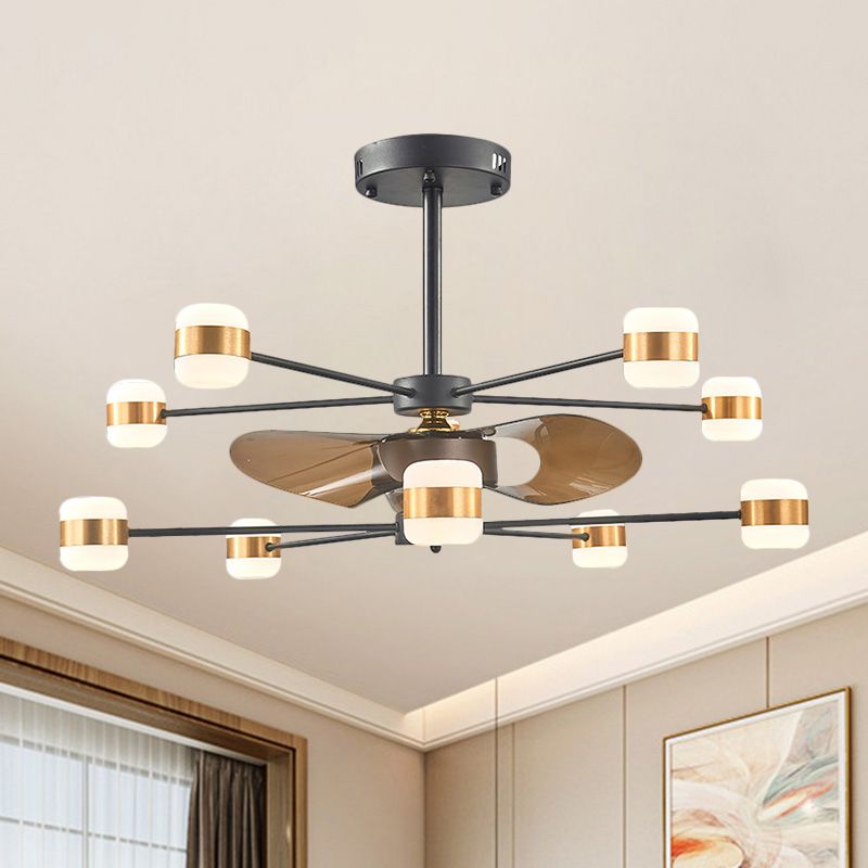 Gold 2-Layer Radial Semi Flush Lighting Modern 10 Bulbs Metallic Hanging Fan Light with 3 Brown Blades, 36.5" Wide