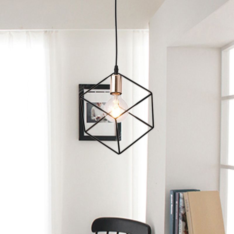 1 Light Squared Cage Ceiling Lighting Retro Style Black Finish Metal Hanging Light Fixture for Living Room