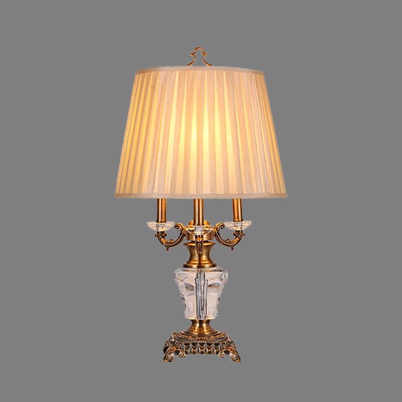 Fabric Pleated Desk Lamp Modern 1 Bulb Beige Table Light, Sculpted Bronze Metal Base