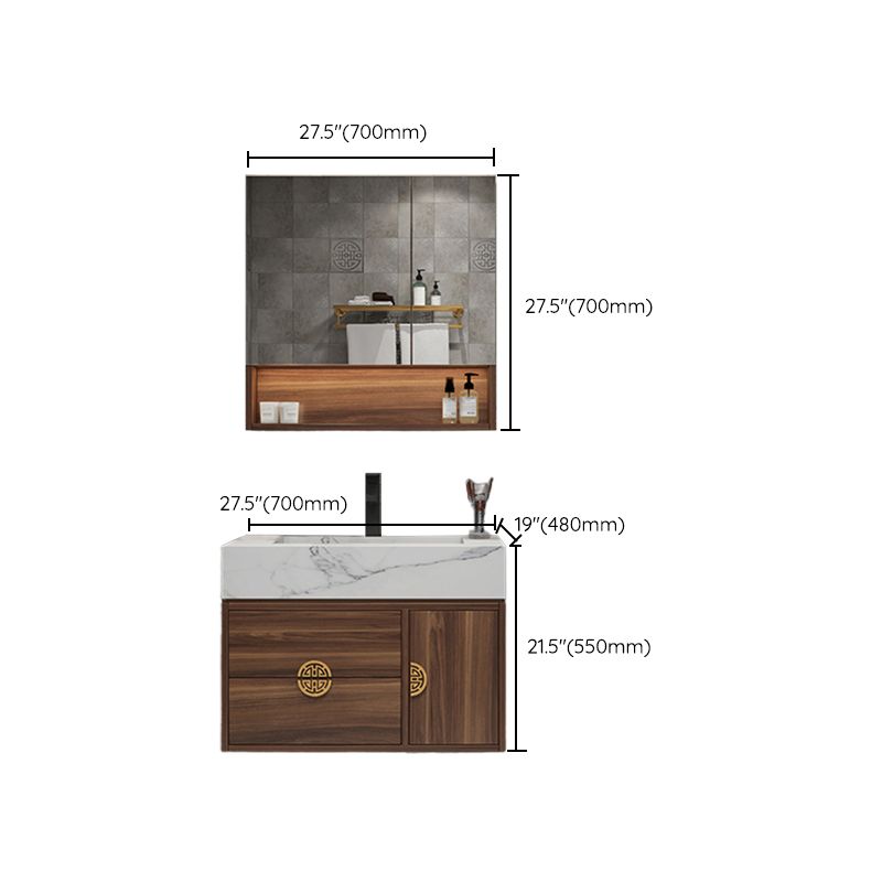 Wood Frame Vanity 2 Drawers Wall Mount Single Sink Rectangle Bathroom Vanity with Mirror