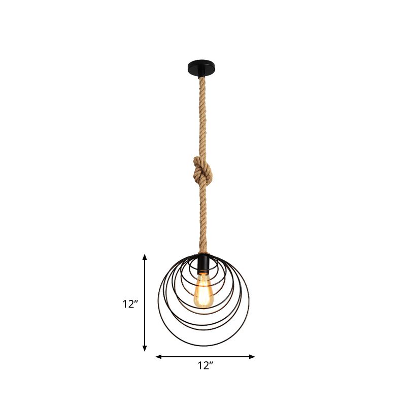 Metallmuschel Käfig Suspension Licht Industrial 1 Head Restaurant Hanging Anhängerlampe in Schwarz mit Knoten Seilkabel