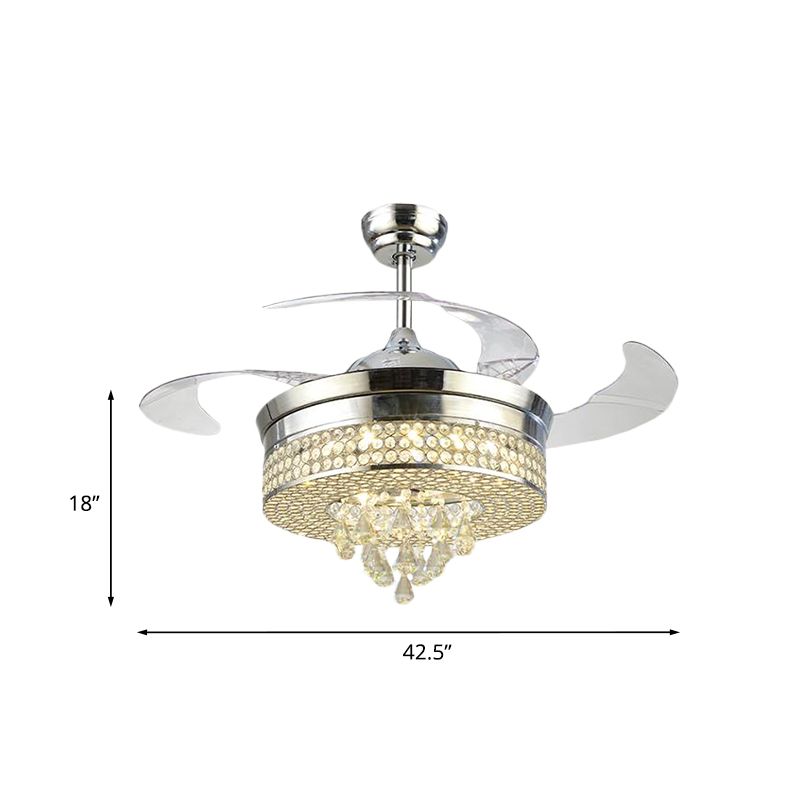 42.5" Wide Minimalist Round Fan Light 3-Blade LED Crystal Semi Flush Mount Ceiling Fixture with Cone Drops in Chrome