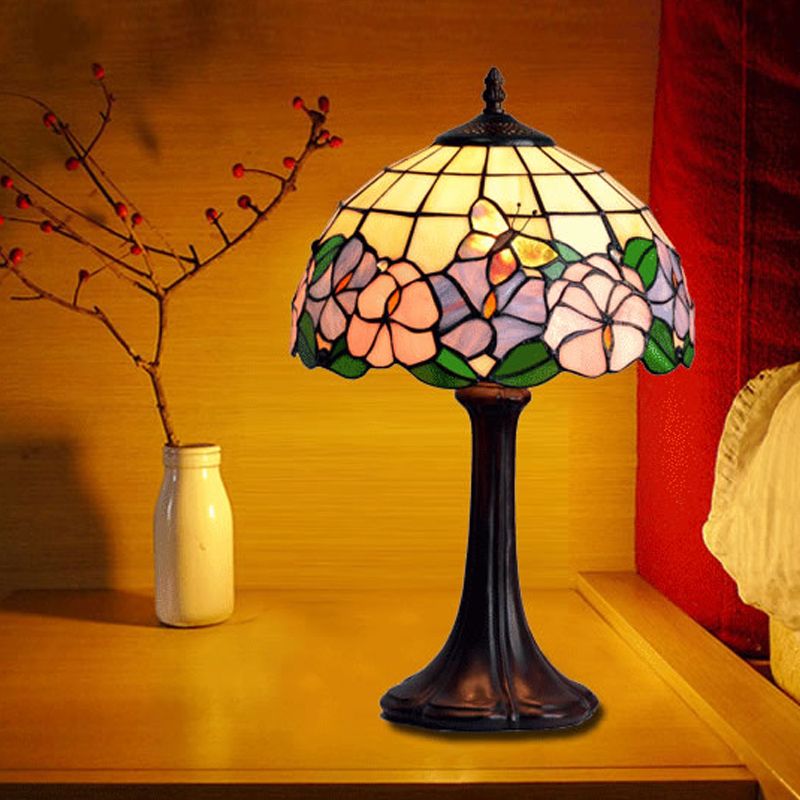 Tiffany Grid Shade Table Lamp 1-Light Hand-Crafted Glass Night Light with Flower and Butterfly Pattern in Coffee