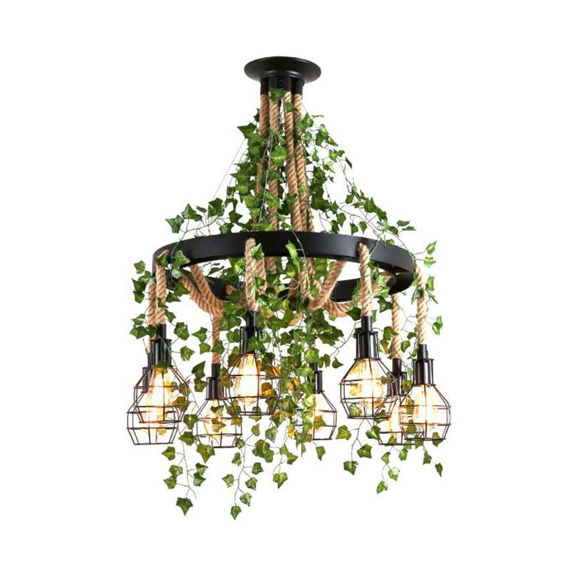 8 têtes Cluste de corde de chanvre Pendent Industrial Black Bare Bulb Restaurant LED DOWN DOWN avec plante