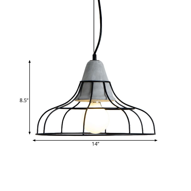 Industrial Cylinder/Dome/Arc Cage Pendant 1 Bulb Iron Hanging Light Kit in Black with Cement Cap