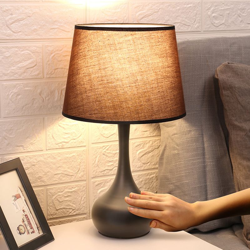 Fabric Brown/White Nightstand Lamp Barrel Shade 1-Light Rural Table Light with Slim Neck Pedestal