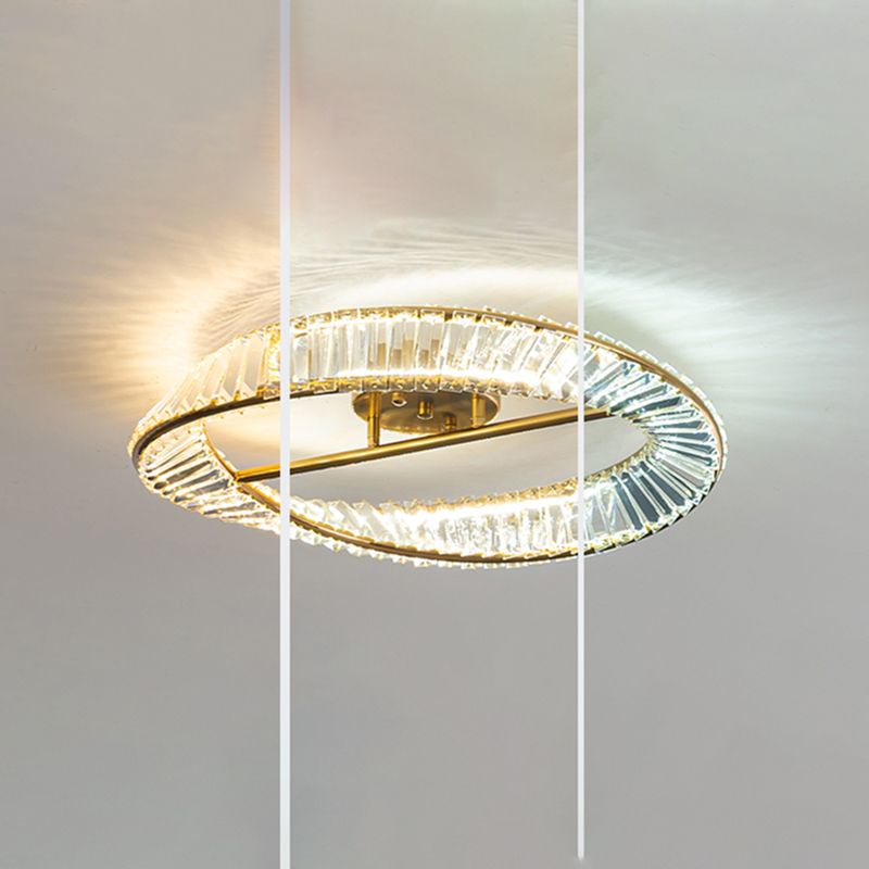 Modern Artistic LED Semi Flush Mount Electroplate Metal Linear Ceiling Light with Crystal Shade