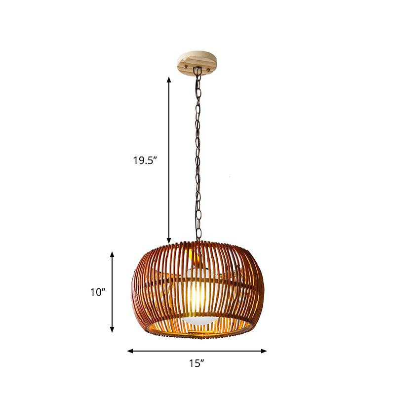 Red Brown Drum Hanging Lamp Retro 1 Head Bamboo Ceiling Pendant Light with Ball Opal Glass Shade