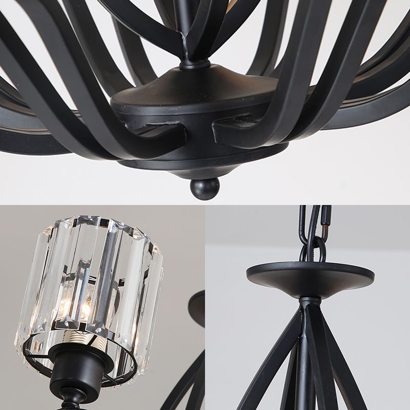 Simple Cylinder Chandelier Light Crystal Block 3/6 Lights Bedroom Ceiling Light Fixture in Black