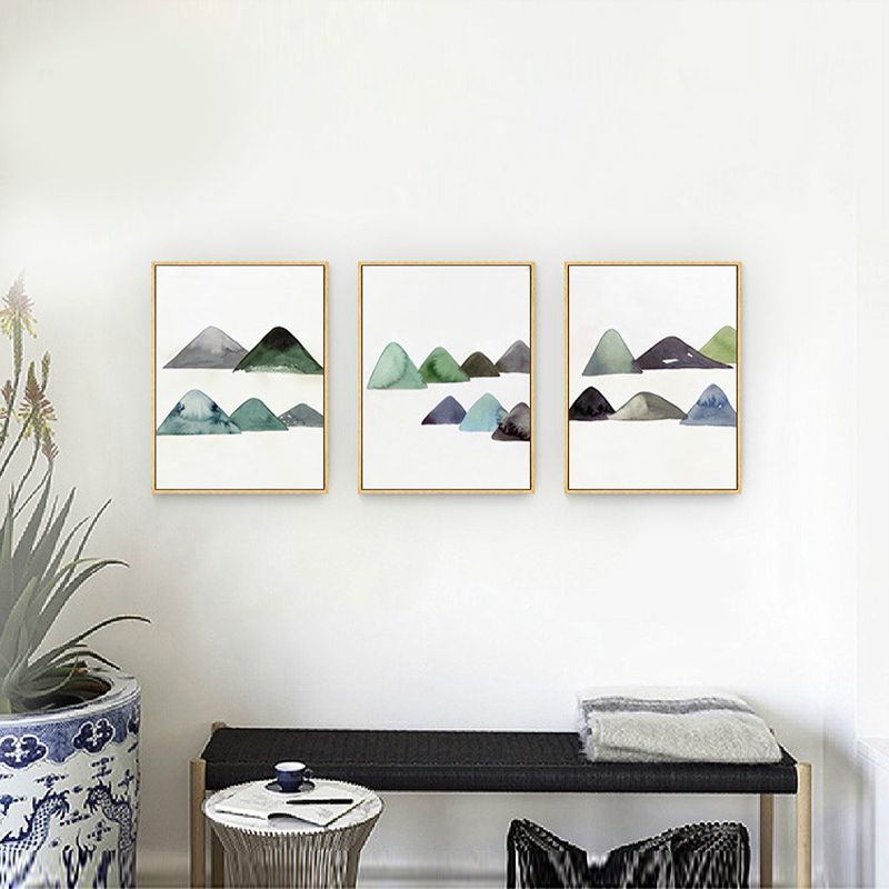 Cute Mountains Drawing Wall Art Asian Textured Canvas Print in White for Dining Room