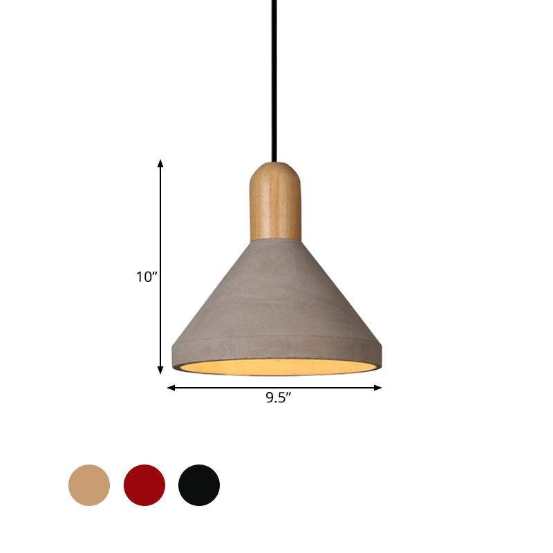 Conical Cement Ceiling Light Antiqued 1 Bulb Restaurant Hanging Pendant Lamp in Grey and Black/Red/Wood