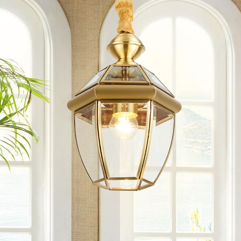 Hexagonal Clear Glass Lantern Pendant Retro 1-Light Foyer Hanging Lamp Kit in Gold