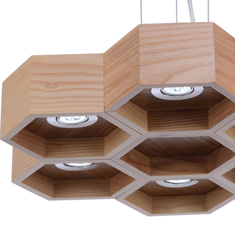 Lumière de lustre en bois en nid d'abeille contemporain 6 têtes beige pendante suspendue