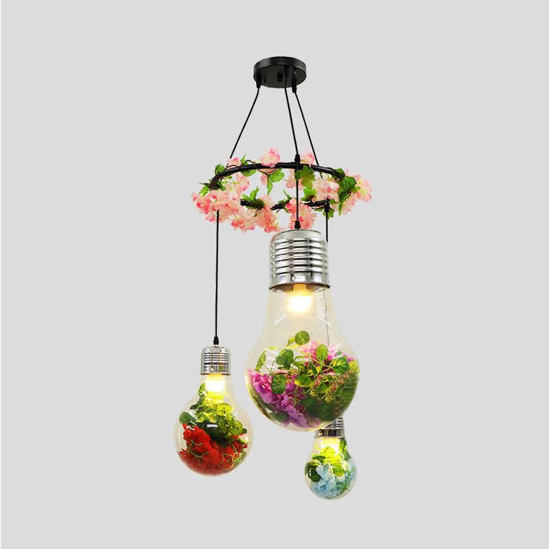 Clear Glass Bulb Cluster Pendant Industrial 3 Lights Restaurant LED Ceiling Lamp in Black with Flower Decoration