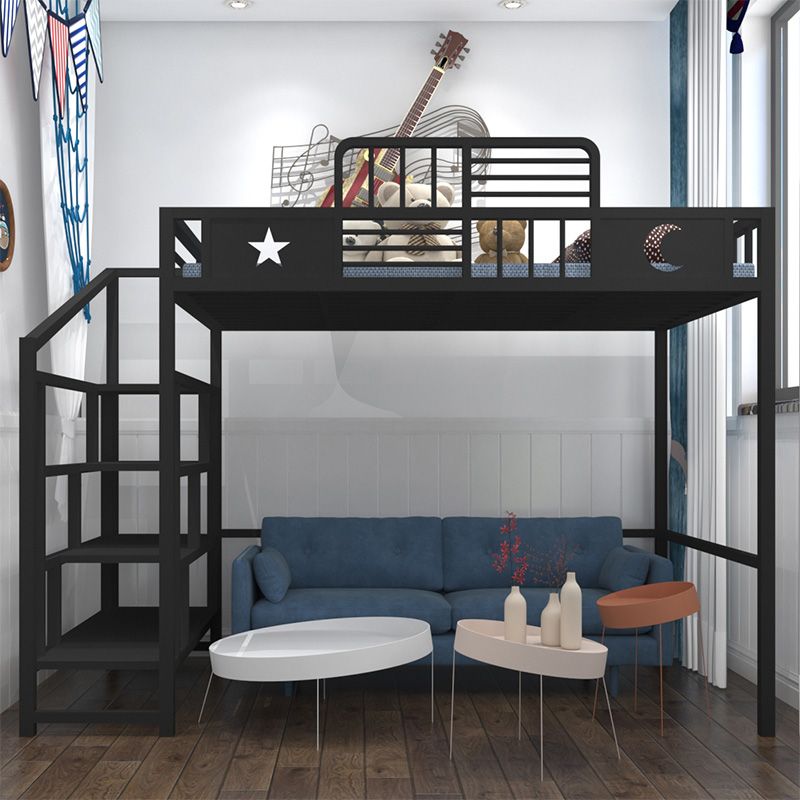 Metal High Loft Bed Contemporary Iron Loft Bed with Stairway and Guardrail