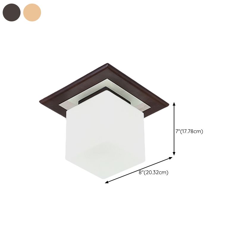 Modern Wood Flush Mount Square Shape Ceiling Light with Glass Shade for Living Room