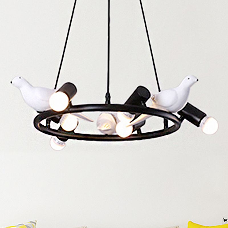 Modern Ring Pendant Chandelier Metal 6/8 Lights Dining Room Hanging Ceiling Light in Black with Bird Ornament