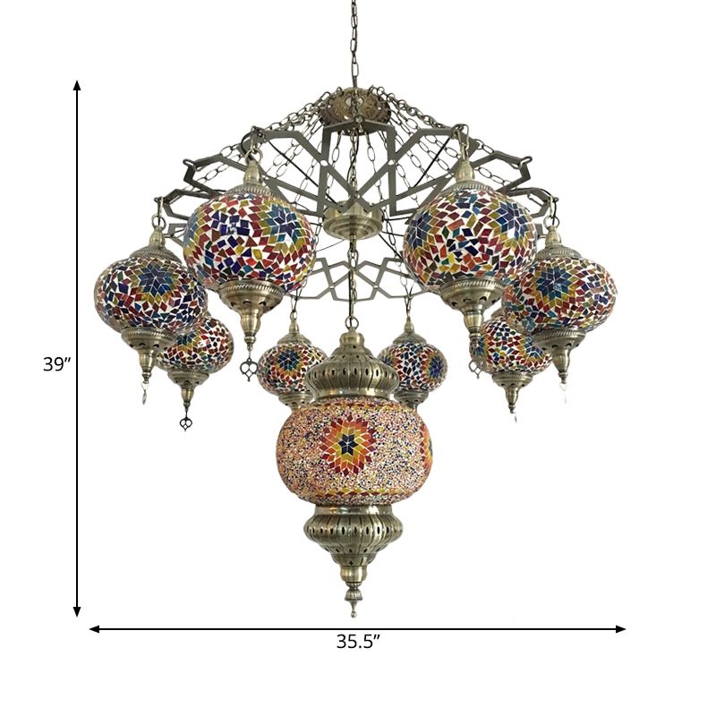 Vintage Oval Chandelier Light Fixture 9 Heads Stained Art Glass Hanging Ceiling Light in Red/Blue