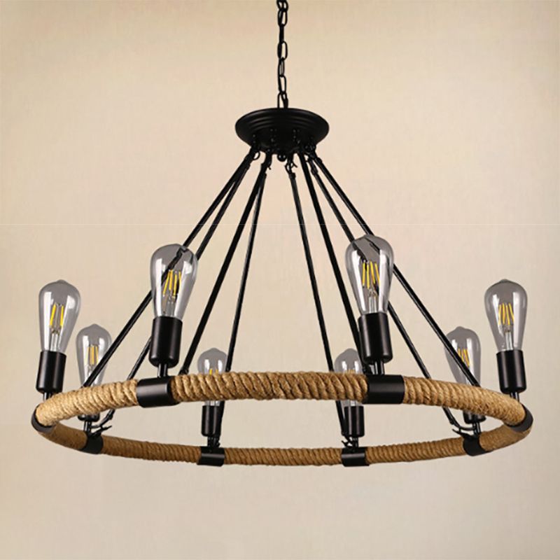 Industrial Chandelier Bare Bulb Manila Rope Retro Coffee Shop Retaurant Indoor Light