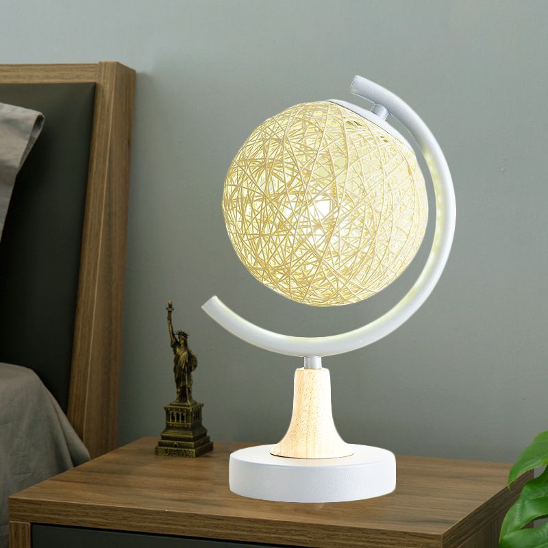 Metallic Globe Nightstand Light Asia Style 1 Light Table Lamp in White/Grey/Green with Rattan Shade