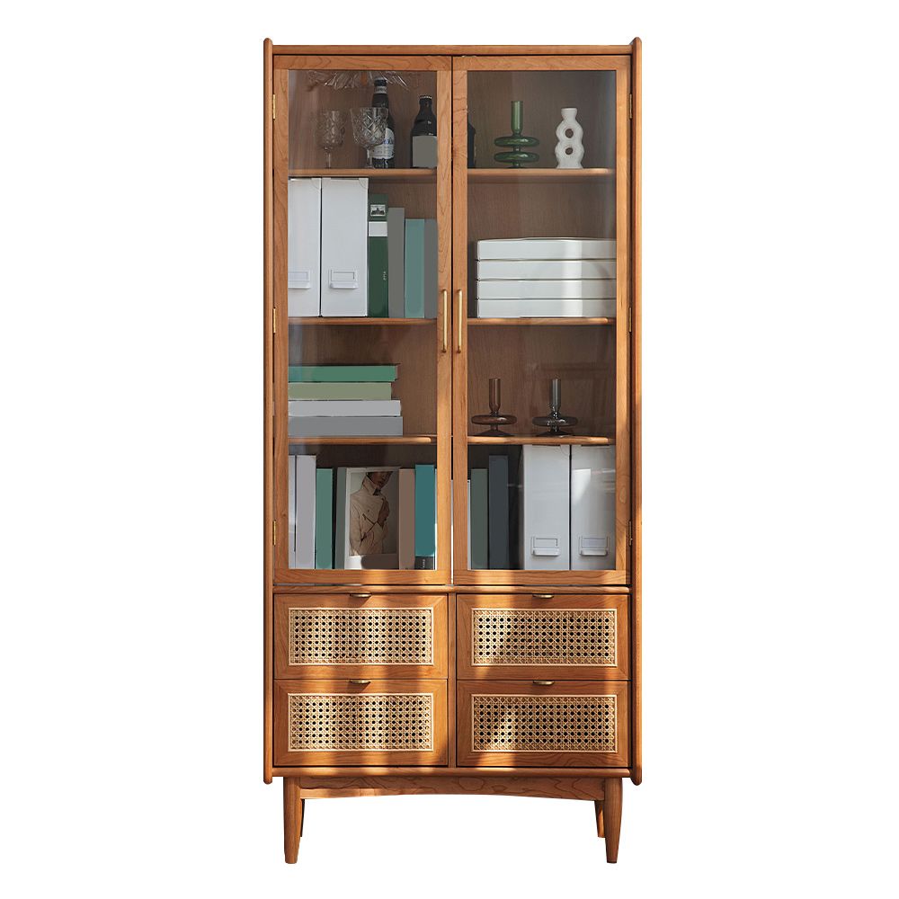 Modern Glass Doors Display Stand Pine Storage Cabinet with Doors for Living Room