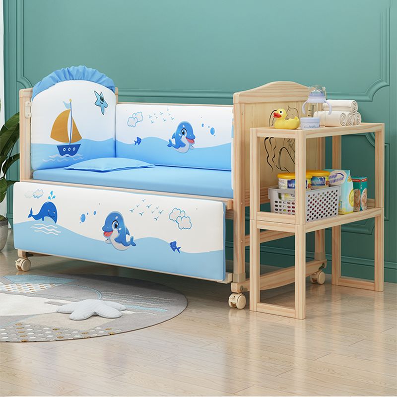 Contemporary 33.46"H Natural Bed Solid Wood Baby Bed with Wheels