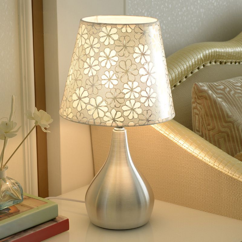 Tapered Table Light Modern Fabric Single Nickel Nightstand Lamp with Cloud/Geometric/Flower Pattern