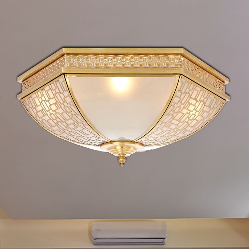 Dome Bedroom Flush Mount Light Colonial Opal Frosted Glass 3 Bulbs Brass Close to Ceiling Lamp