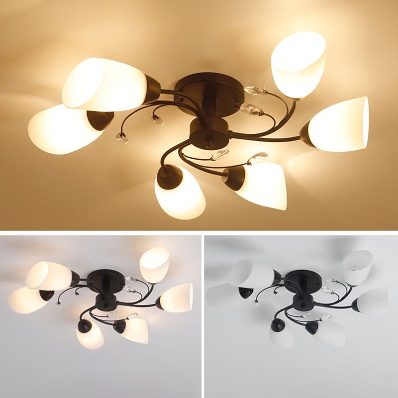 White Glass Shade Semi Flush Mount Lighting Modern Black Swirled Arm Ceiling Light for Living Room