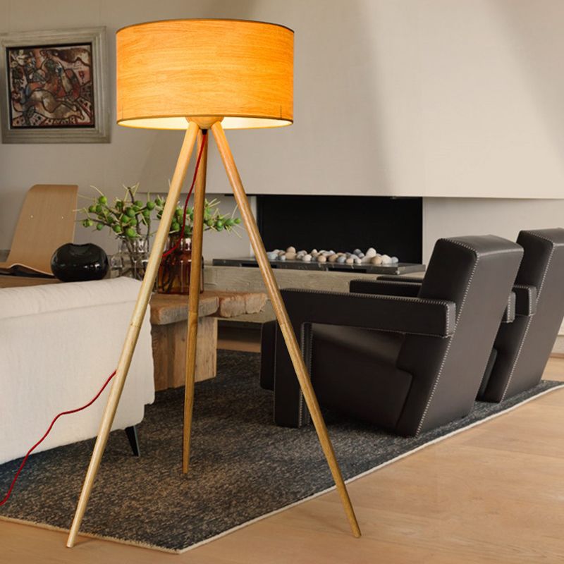 Tripod Bedroom Standing Lamp Wooden Simple LED Floor Light with Cylinder Shade, Beige